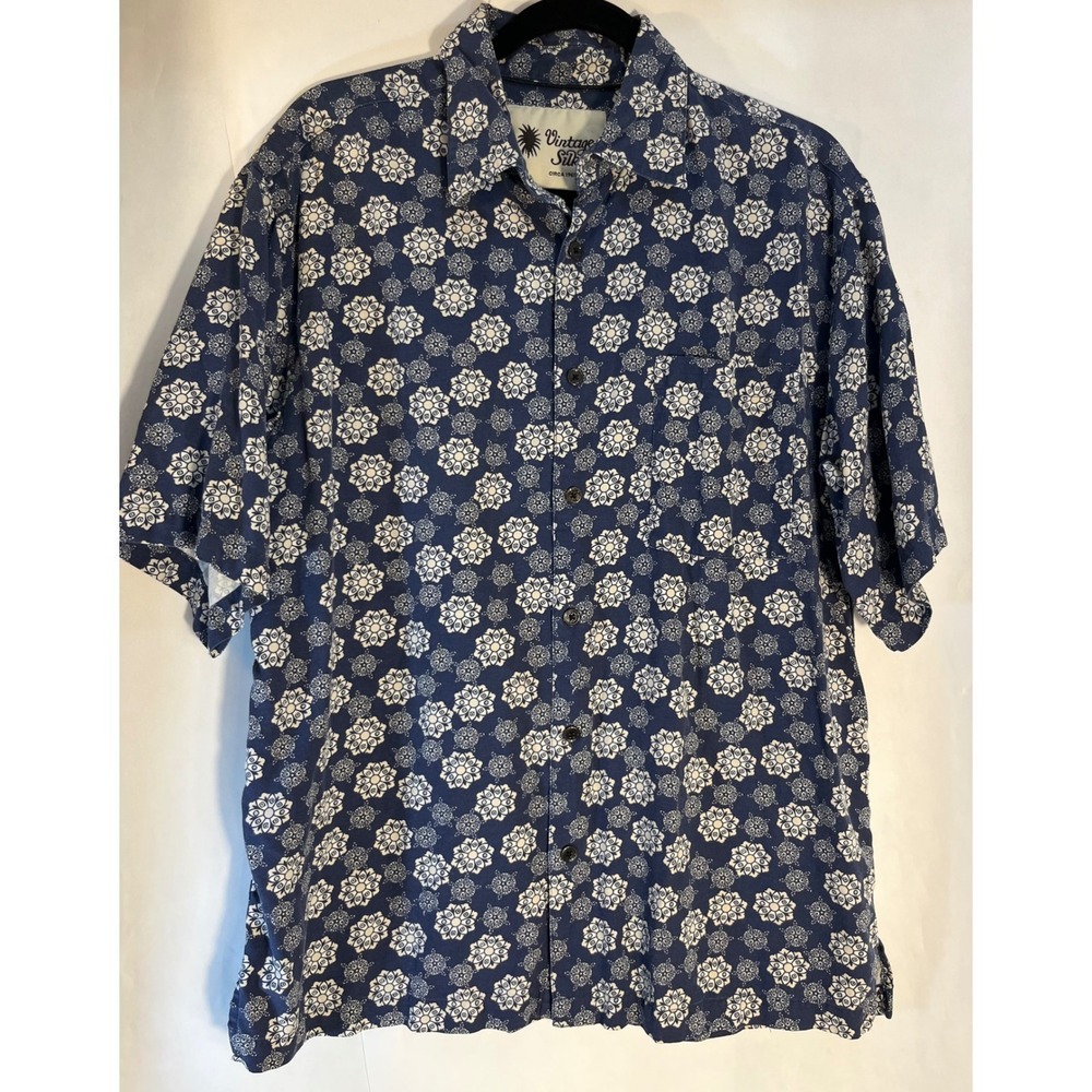 Vintage Silk Men's 100%‎ Silk Short Sleeve Button Up Shirt Blue Size Medium